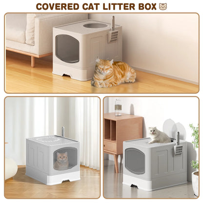 Foldable Cat Litter Box, Drawer Type Cat Litter Box with Litter Scoop