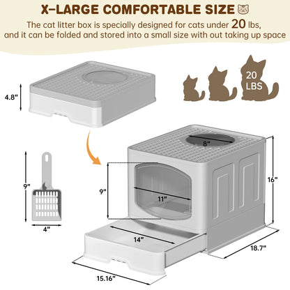 Foldable Cat Litter Box, Drawer Type Cat Litter Box with Litter Scoop