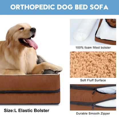 Dog Beds for Large Dogs Orthopedic Dog Bed Sofa Large Medium Small, Supportive Egg Crate Foam Pet Couch Bed with Removable Washable Cover Non Skid Bottom, XL, Brown