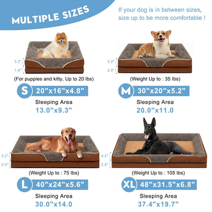 Dog Beds for Large Dogs Orthopedic Dog Bed Sofa Large Medium Small, Supportive Egg Crate Foam Pet Couch Bed with Removable Washable Cover Non Skid Bottom, XL, Brown